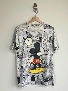 Vintage Disney Mickey Mouse 90's Newspaper AOP Tee Size Large